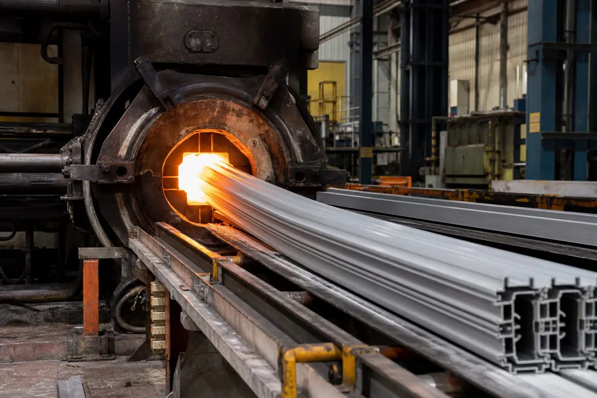 Aluminium extrusion press pushing a homogenized 6063 billet through an architectural die producing extruded profiles
