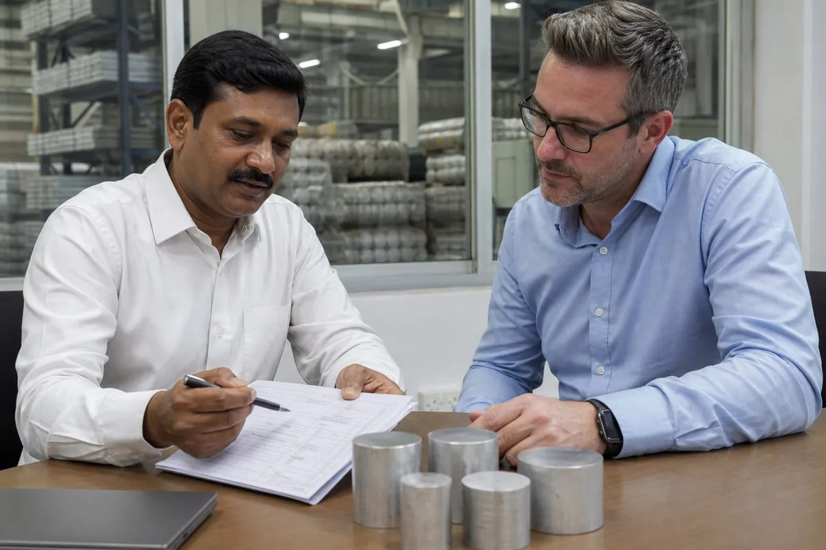 International extruder buyer and Indian merchant exporter reviewing MTC and homogenization records with 6063 billet samples