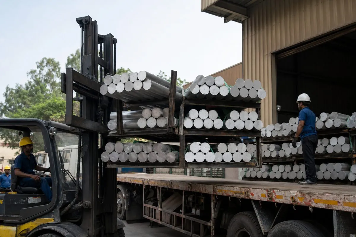 Forklift loading cradle-staged aluminium extrusion billet bundles onto a truck for inland haul to an Indian export port