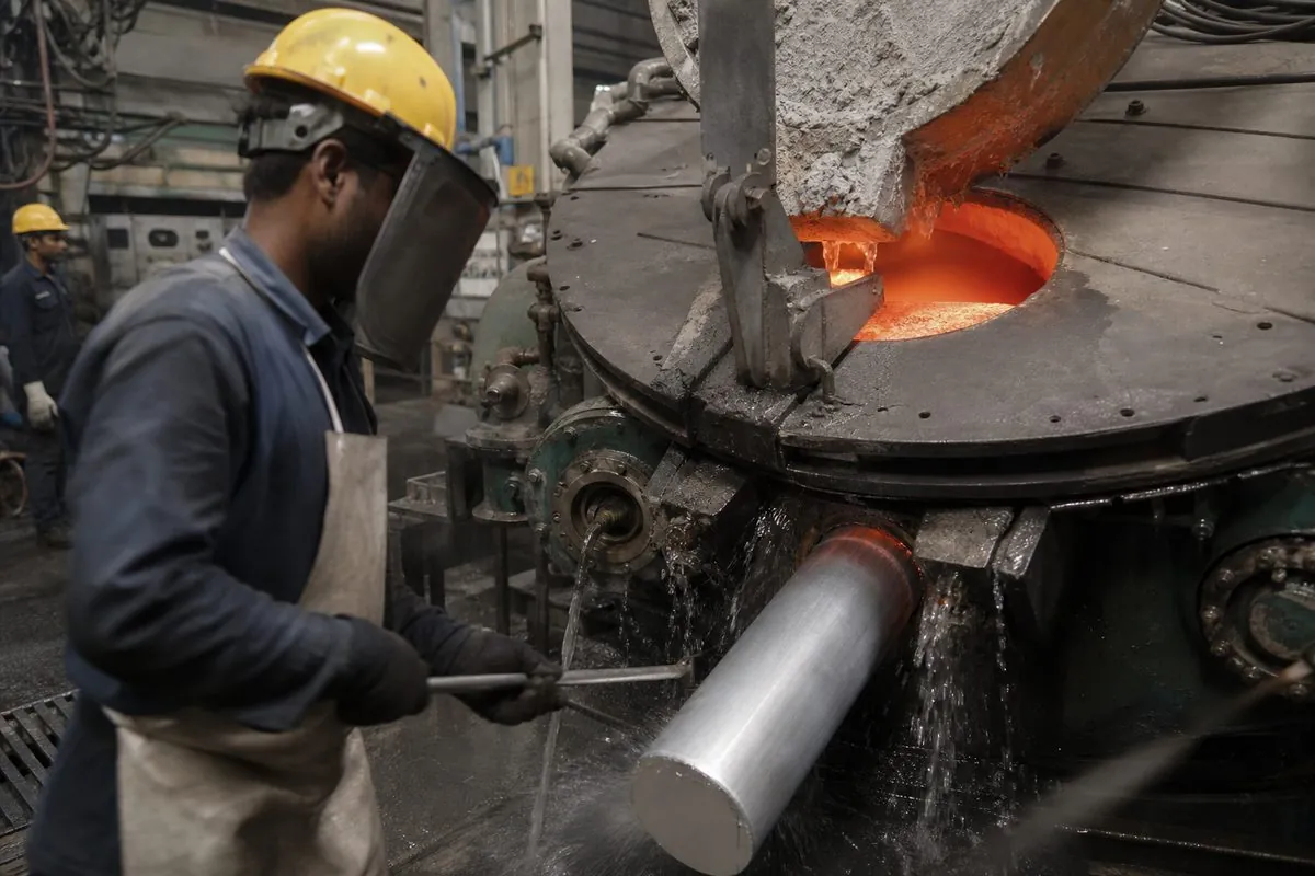 Aluminium DC-casting line producing 6063 extrusion billets in an Indian cast-house with cooling water rings