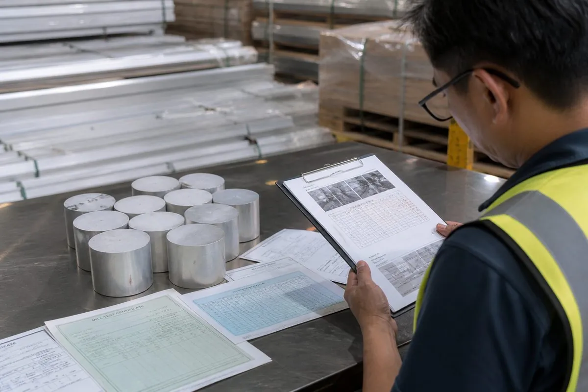 Quality inspector reviewing Mill Test Certificate chemistry and homogenization soak record beside 6063 aluminium extrusion billet samples