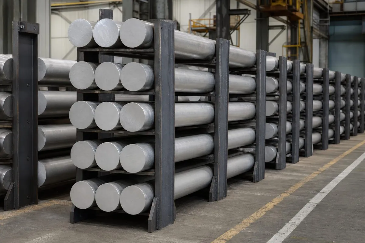 Cradle-staged aluminium extrusion billet bundles in a dry Indian export warehouse aisle before port loading