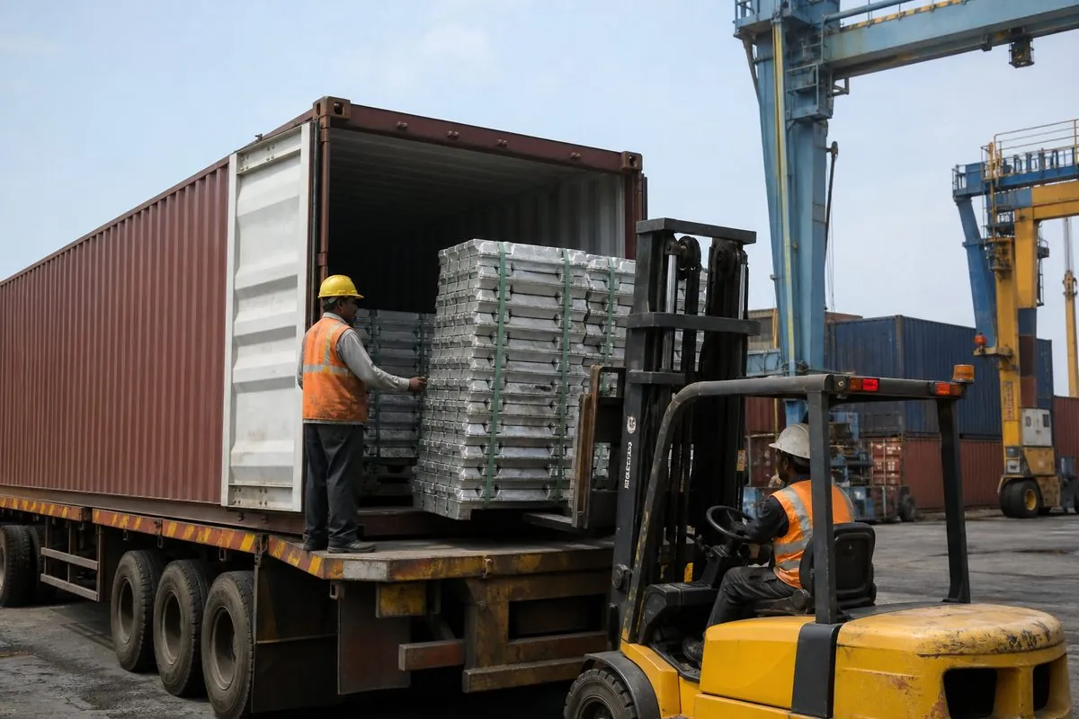 Workers stuffing palletized aluminium ingot bundles into a shipping container for FCL aluminium metal export from India