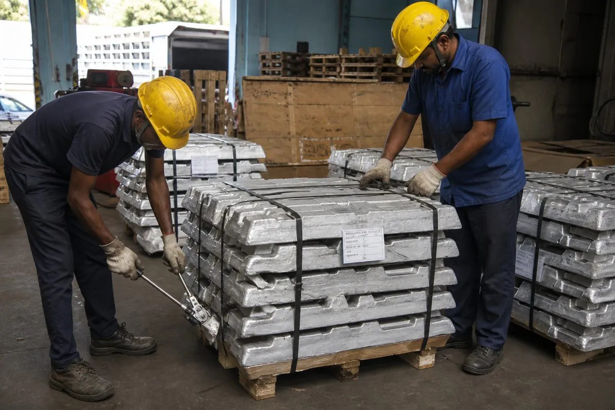 Workers strapping bright silver aluminium ingot bundles on wooden pallets with lot tags for ocean-freight export packaging