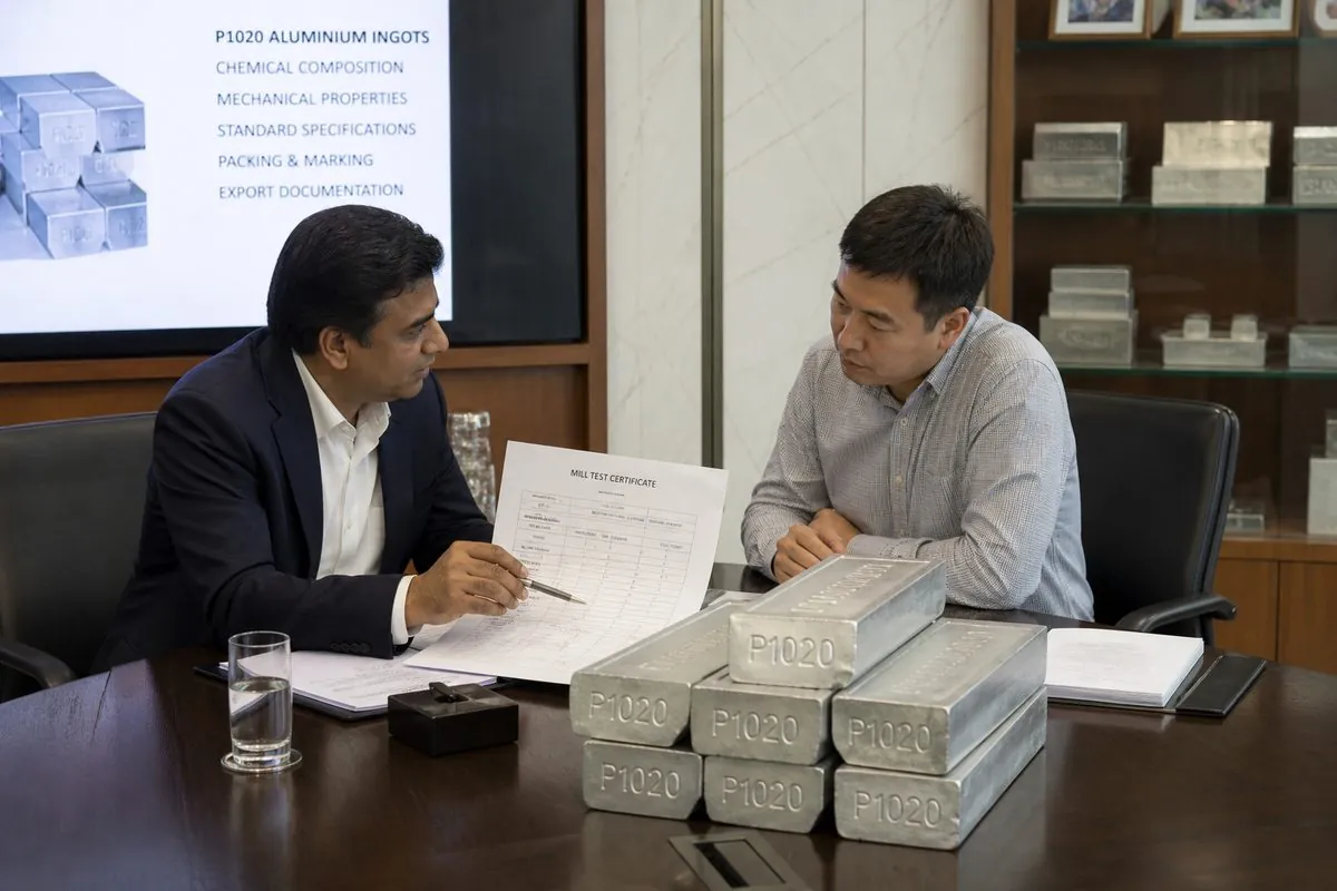 International aluminium buyer and Indian merchant exporter reviewing mill test certificates with P1020 ingot samples