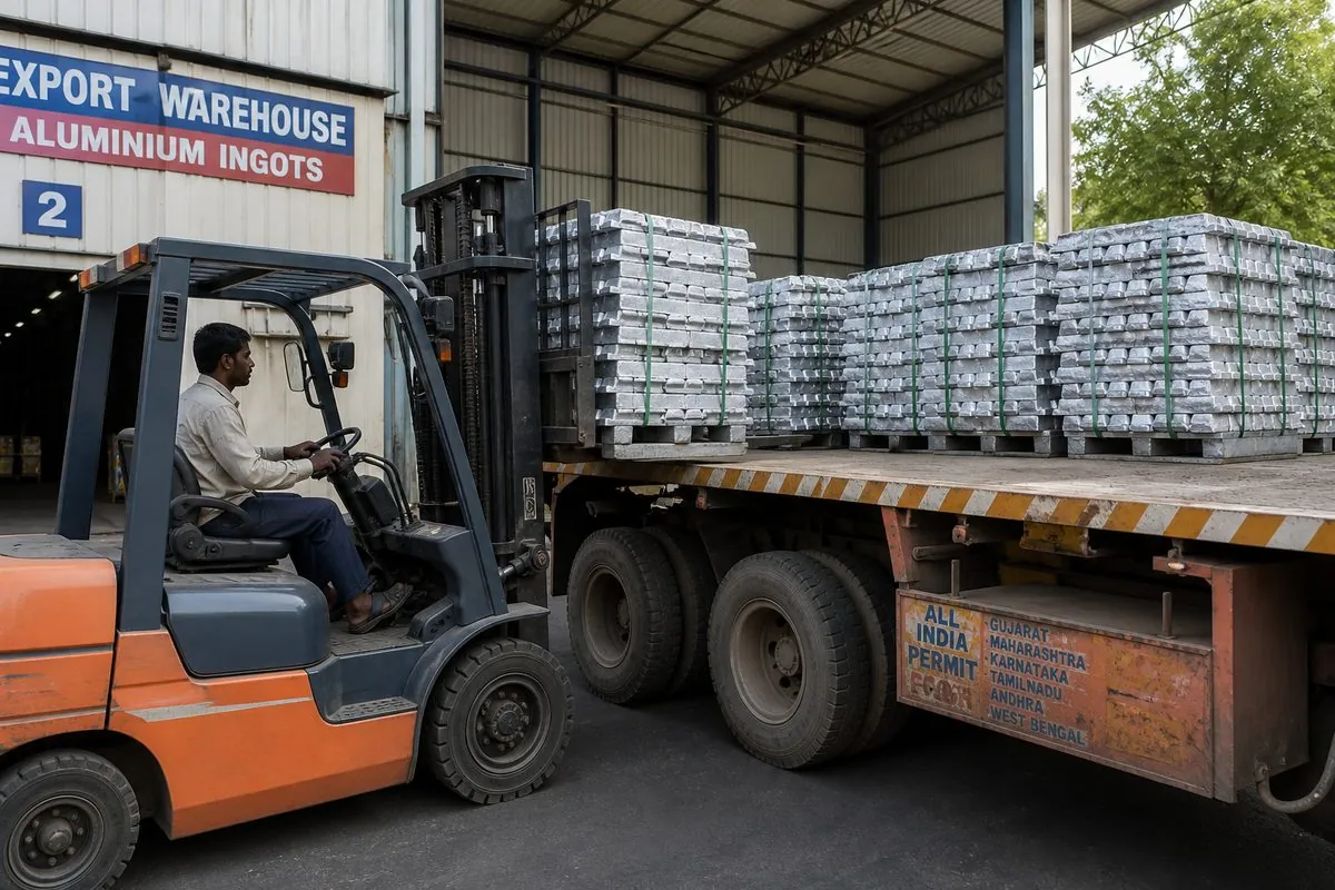 Forklift loading palletized aluminium ingot bundles onto a truck for inland haul to an Indian export port