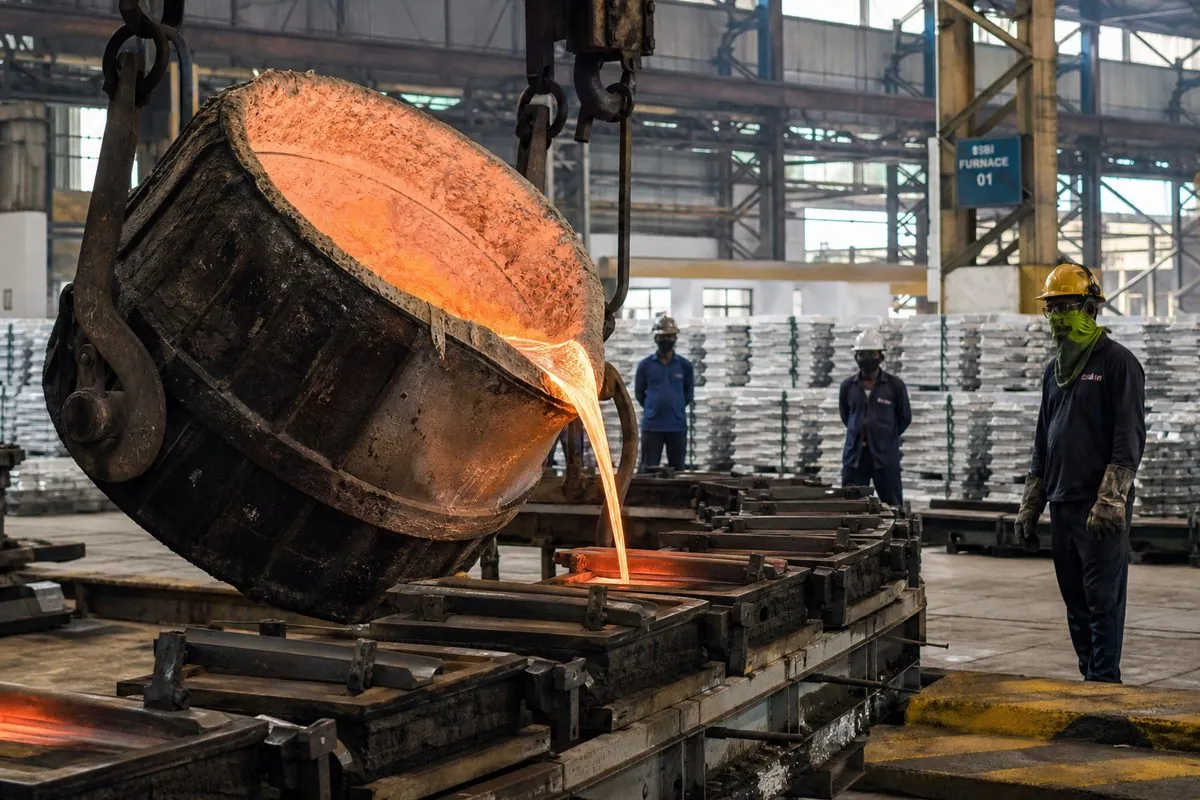 Molten aluminium poured into ingot molds on an Indian smelter casting line producing unwrought aluminium ingots