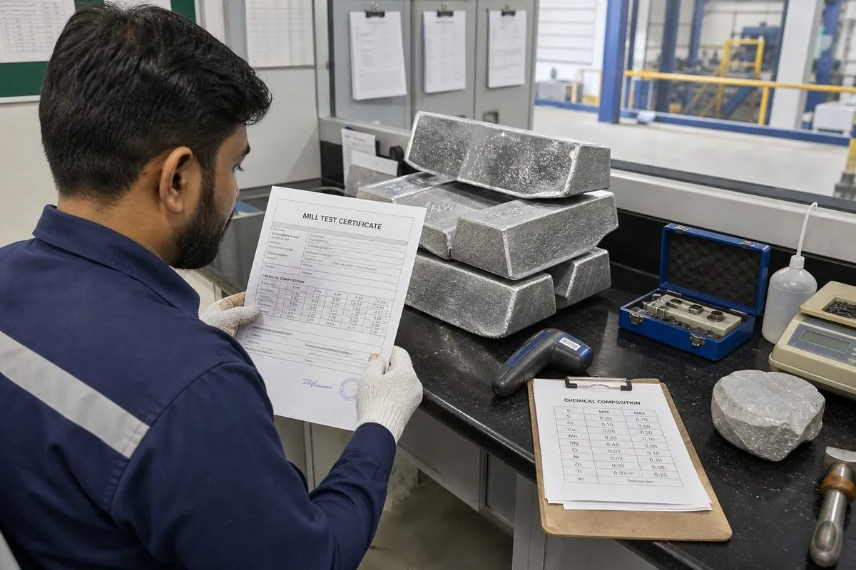 Quality inspector reviewing Mill Test Certificate chemistry beside P1020 aluminium ingot samples for export assay