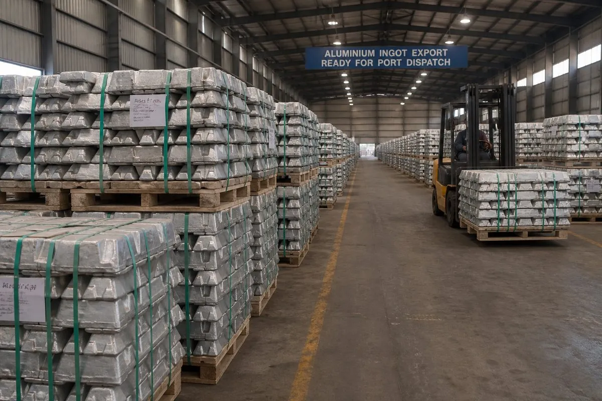 Palletized strapped aluminium ingot bundles staged in a dry Indian export warehouse aisle before port loading