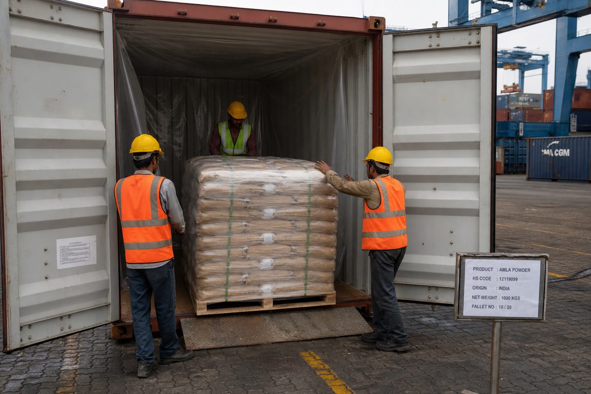 Moisture-protected stuffing of Indian amla powder bags into a 20-foot export shipping container