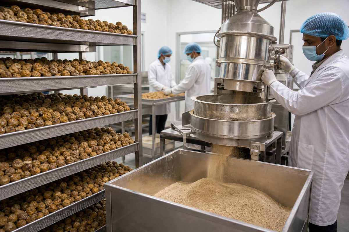 Amla fruit drying trays and milling line in a Pratapgarh-region export processing plant