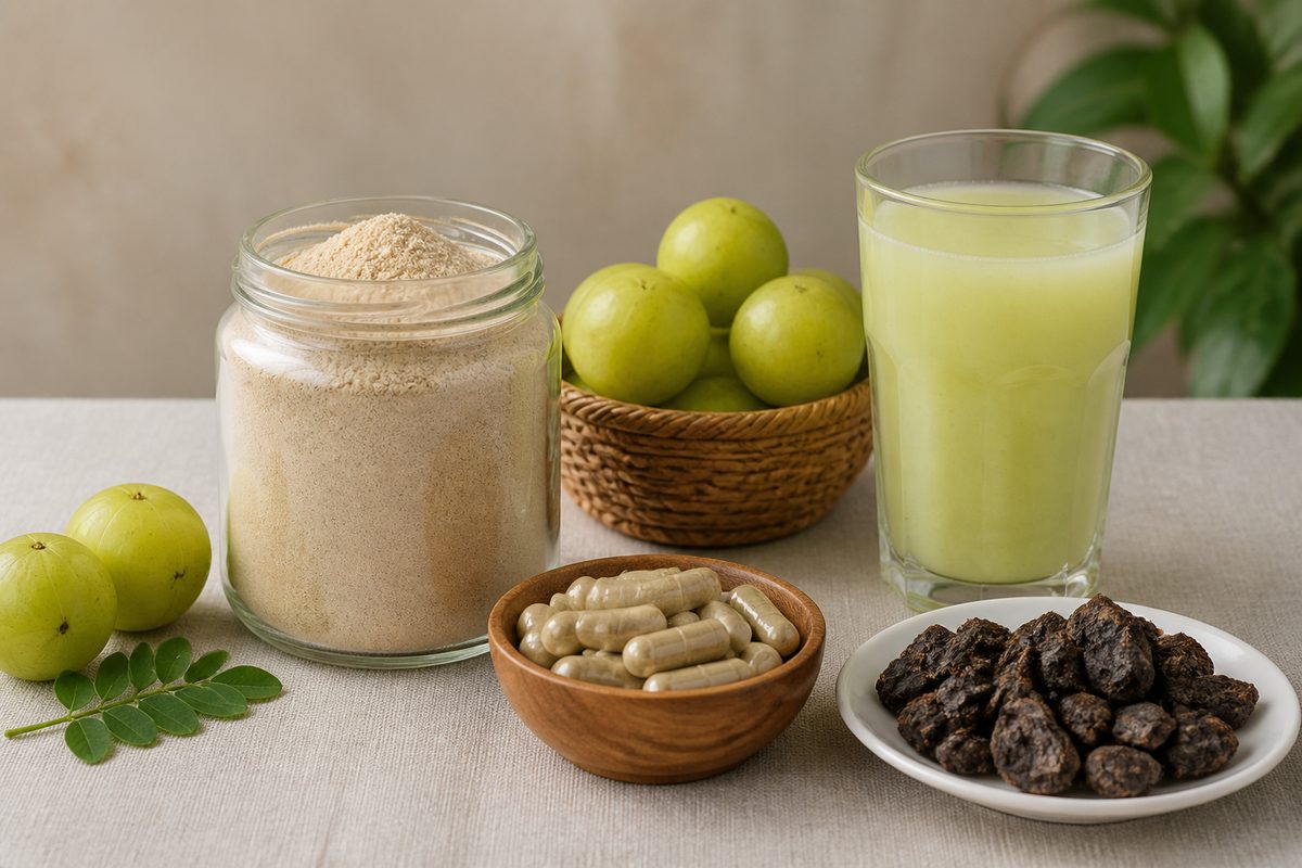 Amla fruit powder jar, capsules, juice, and dried fruit for food and private-label nutrition applications