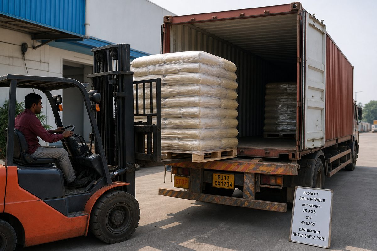 Forklift loading palletized Indian amla powder onto a truck for Mundra or Nhava Sheva port haul