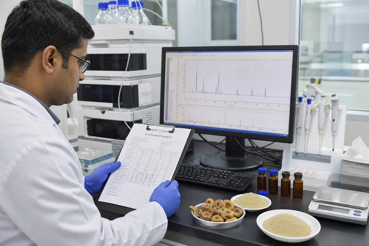 Laboratory Certificate of Analysis and HPLC review for Indian amla powder vitamin C, moisture, micro, and markers