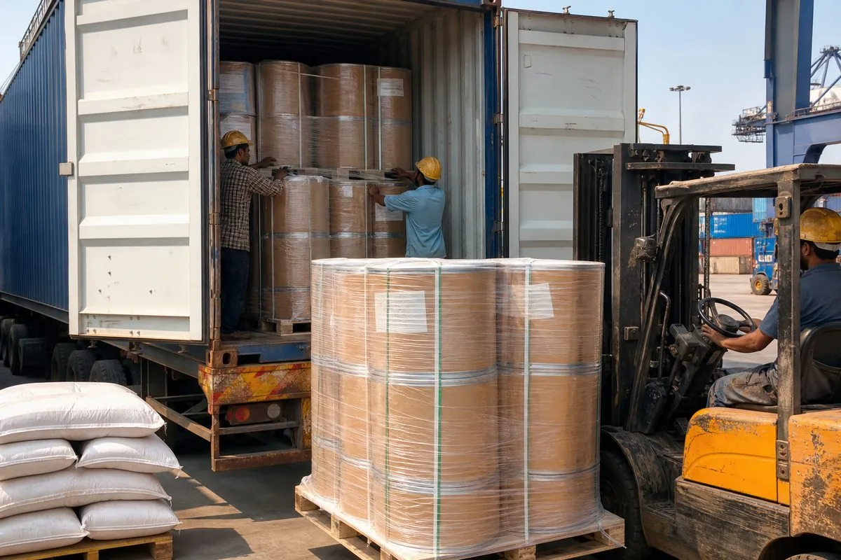 Workers stuffing palletised ashwagandha drums into an open shipping container at an Indian port yard