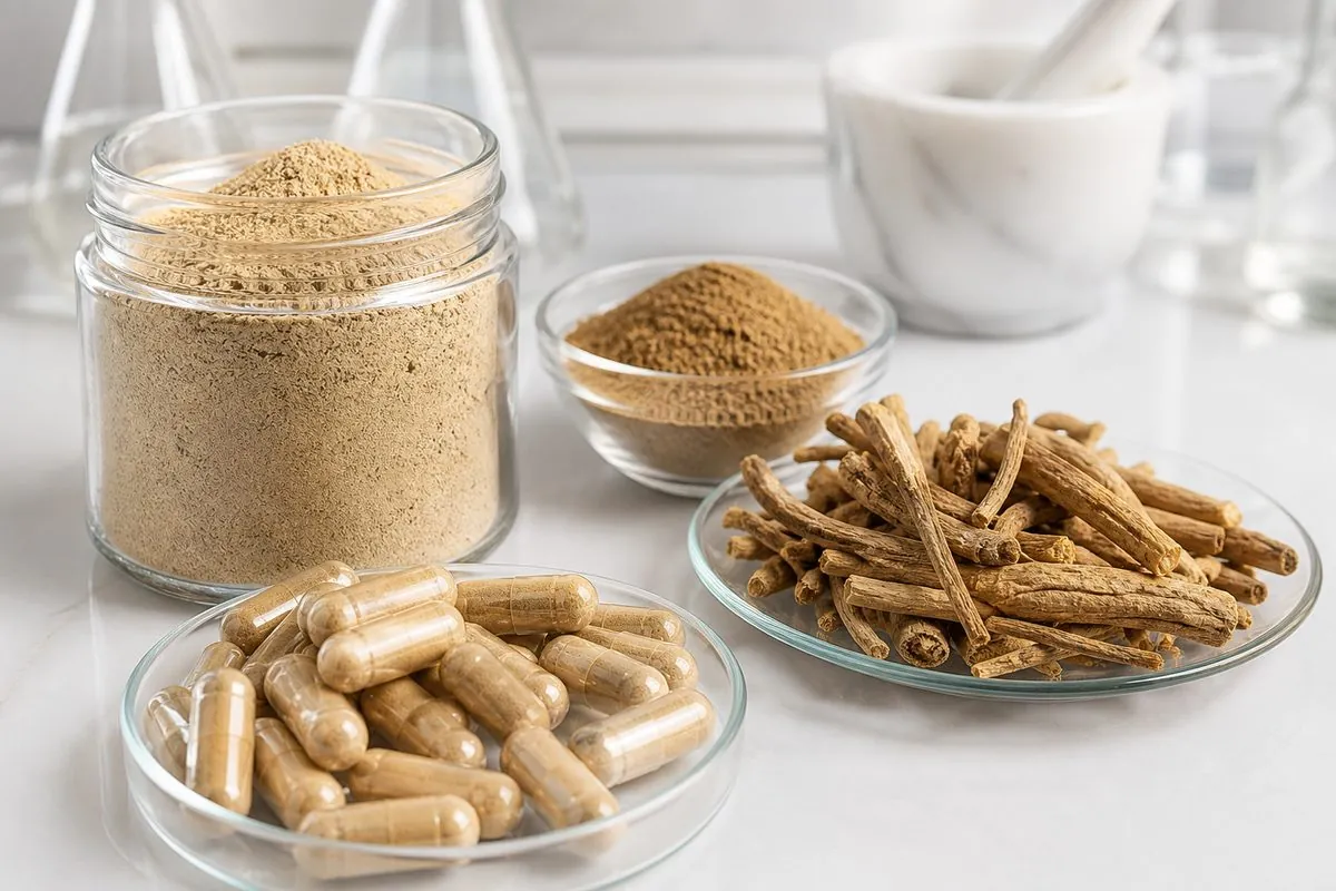 Ashwagandha root powder jar, tan capsules, dried roots, and extract powder representing nutraceutical end-use applications