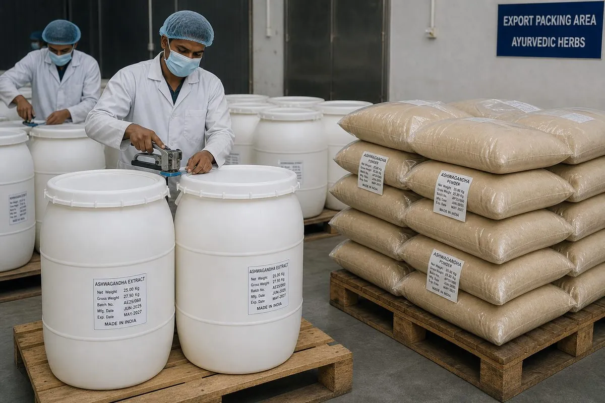 Sealed white HDPE drums and 25 kg food-grade bags of ashwagandha powder and extract palletised for ocean export