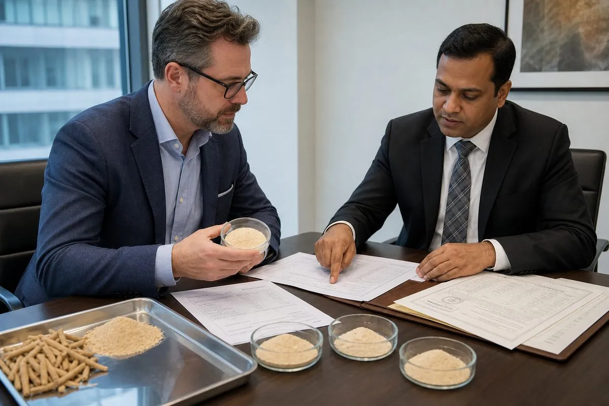 International buyer and Indian exporter reviewing ashwagandha samples, HPLC COA, and specifications at a sourcing meeting