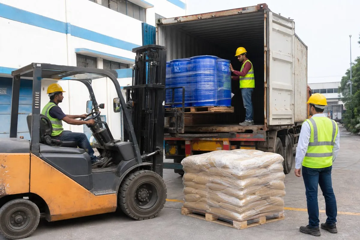 Forklift loading palletised ashwagandha drums and bags onto a truck at an Indian factory export dock