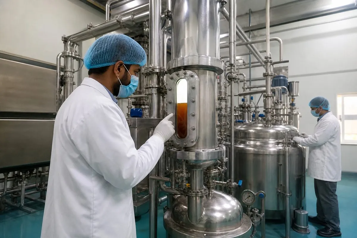 Technicians monitoring stainless steel ashwagandha extraction vessels with amber botanical concentrate in an Indian WHO-GMP style plant