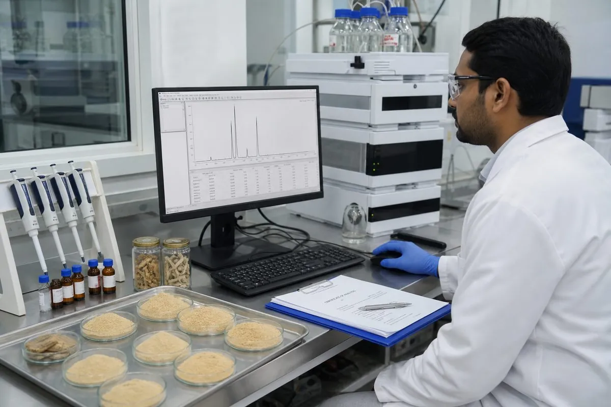 Laboratory analyst reviewing an HPLC chromatogram beside ashwagandha powder vials and Certificate of Analysis paperwork