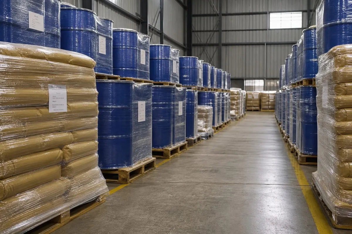 Stretch-wrapped pallets of ashwagandha HDPE drums and powder bags staged in a dry Indian export warehouse aisle