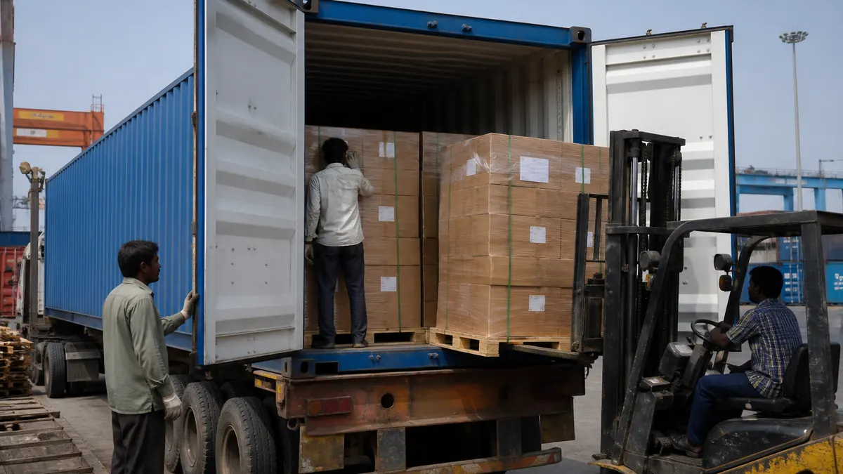 Workers stuffing palletized automotive component cartons into an open shipping container at an Indian port yard