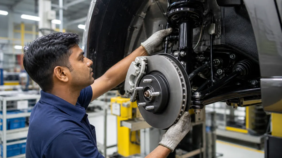 Technician installing a brake or suspension automotive component on a vehicle chassis in an assembly service bay