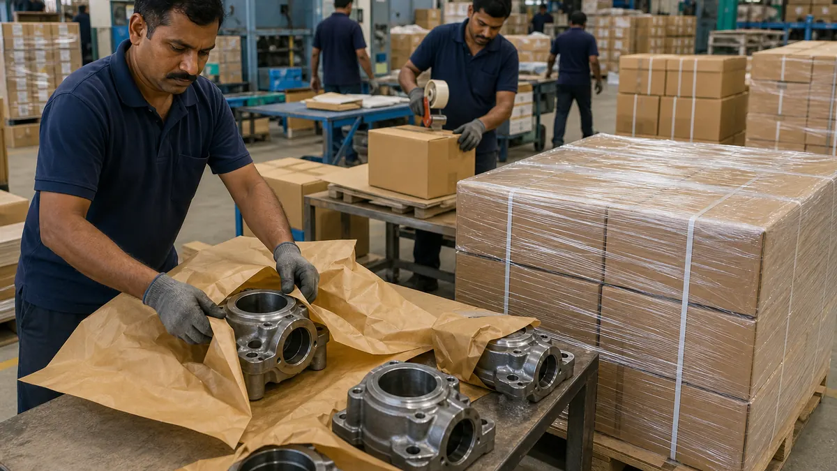 Workers wrapping machined auto parts in VCI paper and packing export cartons onto wooden pallets in an Indian packing bay