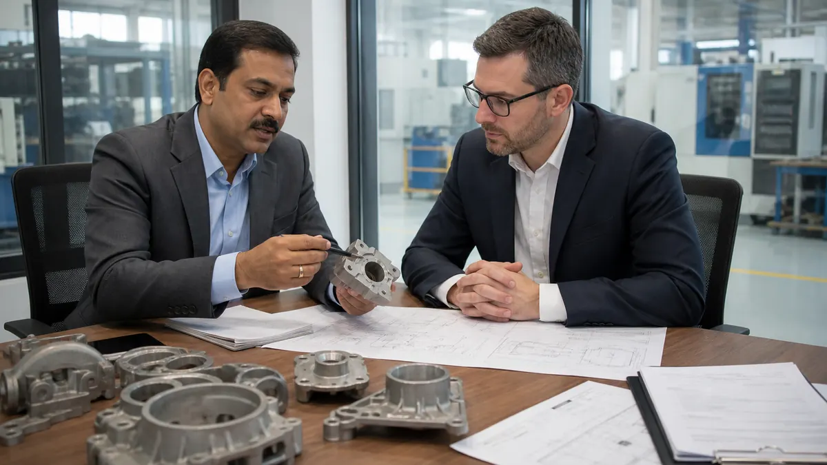 International buyer and Indian exporter reviewing automotive part samples, drawings, and export documents at a sourcing meeting