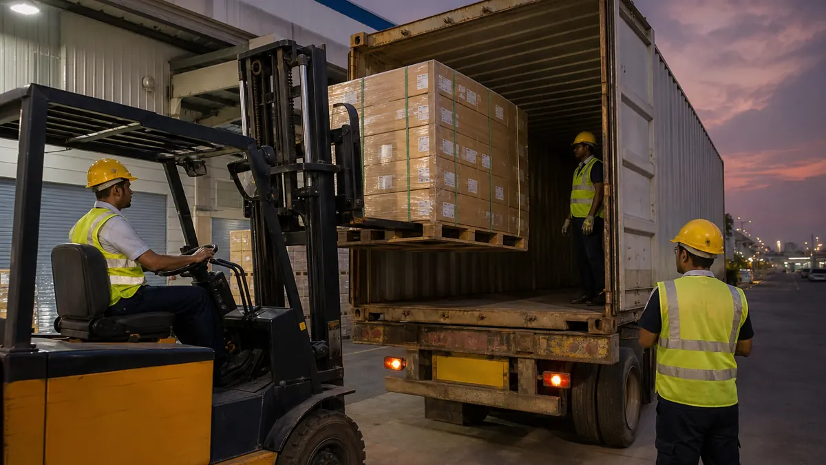 Forklift and workers loading palletized auto component cartons onto a truck at an Indian factory export dock