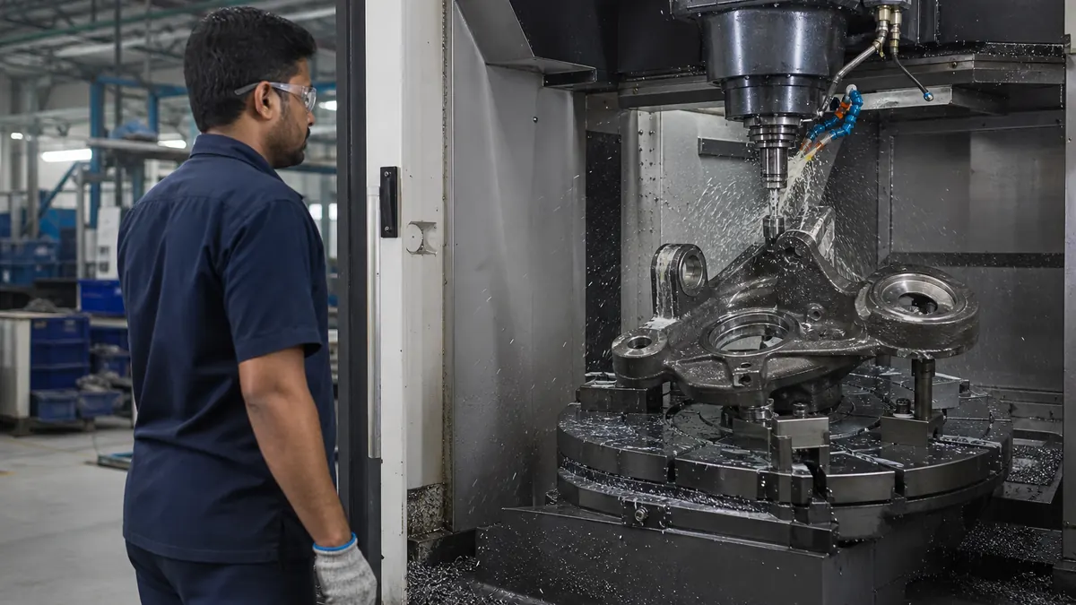 CNC machining line producing forged automotive components in an Indian OEM-adjacent plant with operator in safety gear