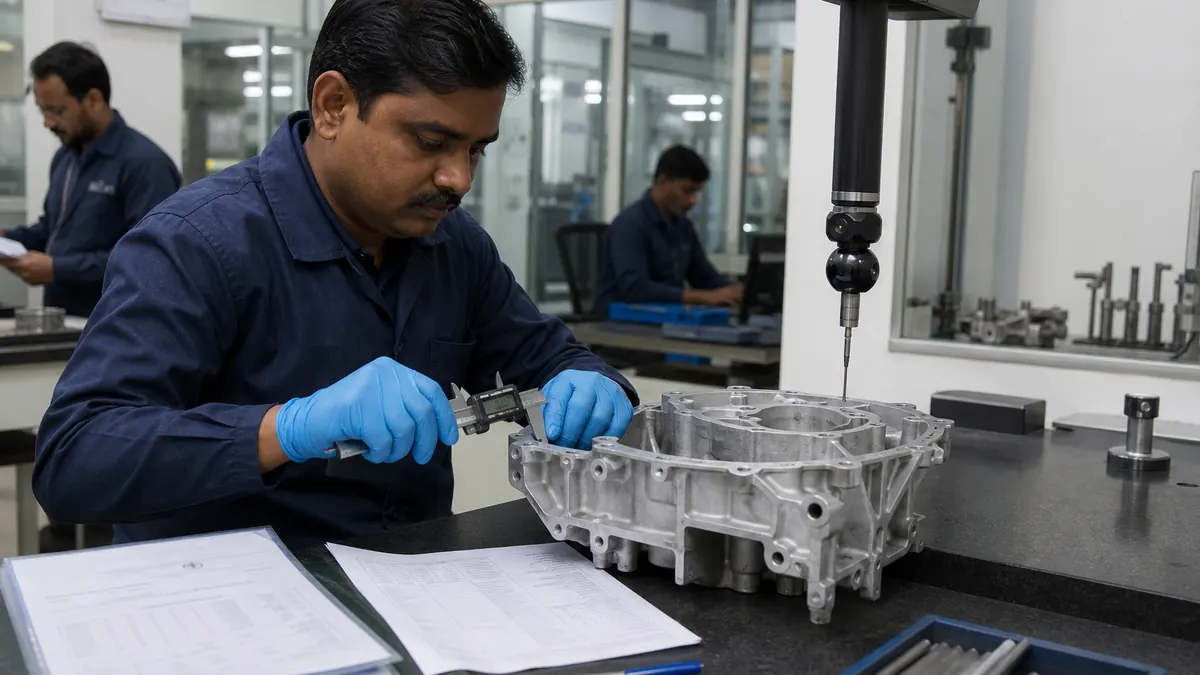 Quality inspector measuring a machined aluminum automotive housing with calipers and CMM tools beside COA documents