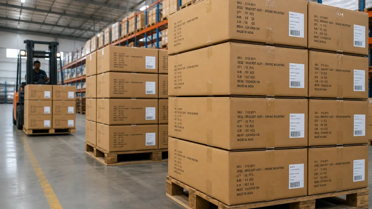 Palletized automotive component cartons staged in neat rows in a dry Indian export warehouse aisle