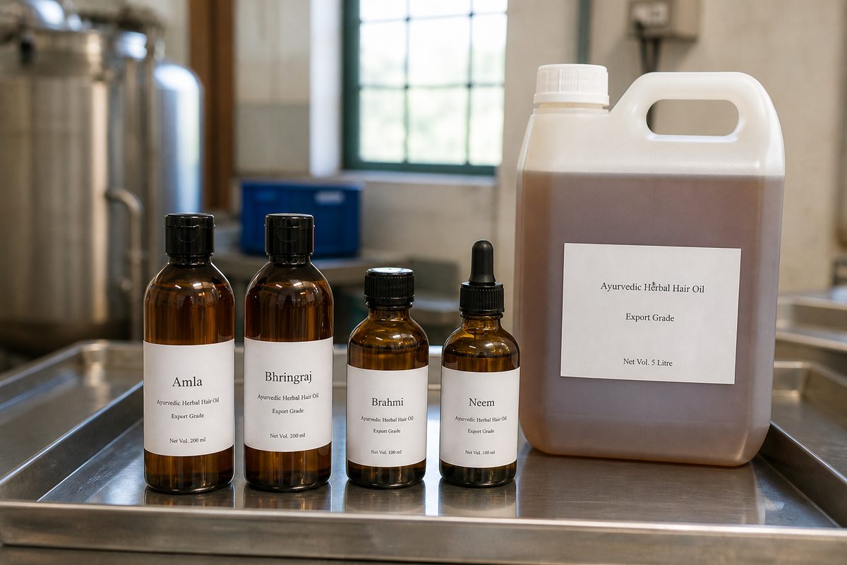 Amber PET and amber glass bottles of amla, bhringraj, brahmi and neem Ayurvedic hair oil beside a 5 L HDPE bulk jerrican on an export inspection tray