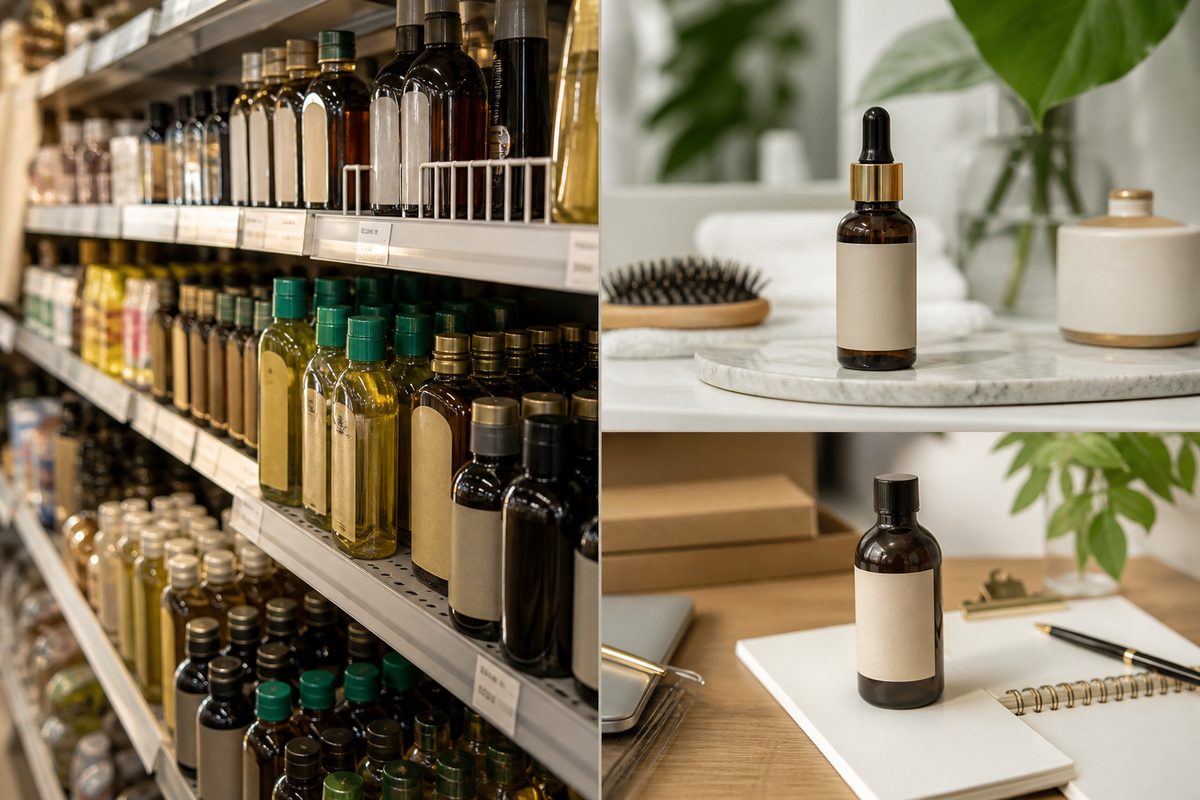 Amber Ayurvedic herbal hair oil bottle beside a wooden comb on a vanity after scalp application, representing clean-beauty and private-label end use