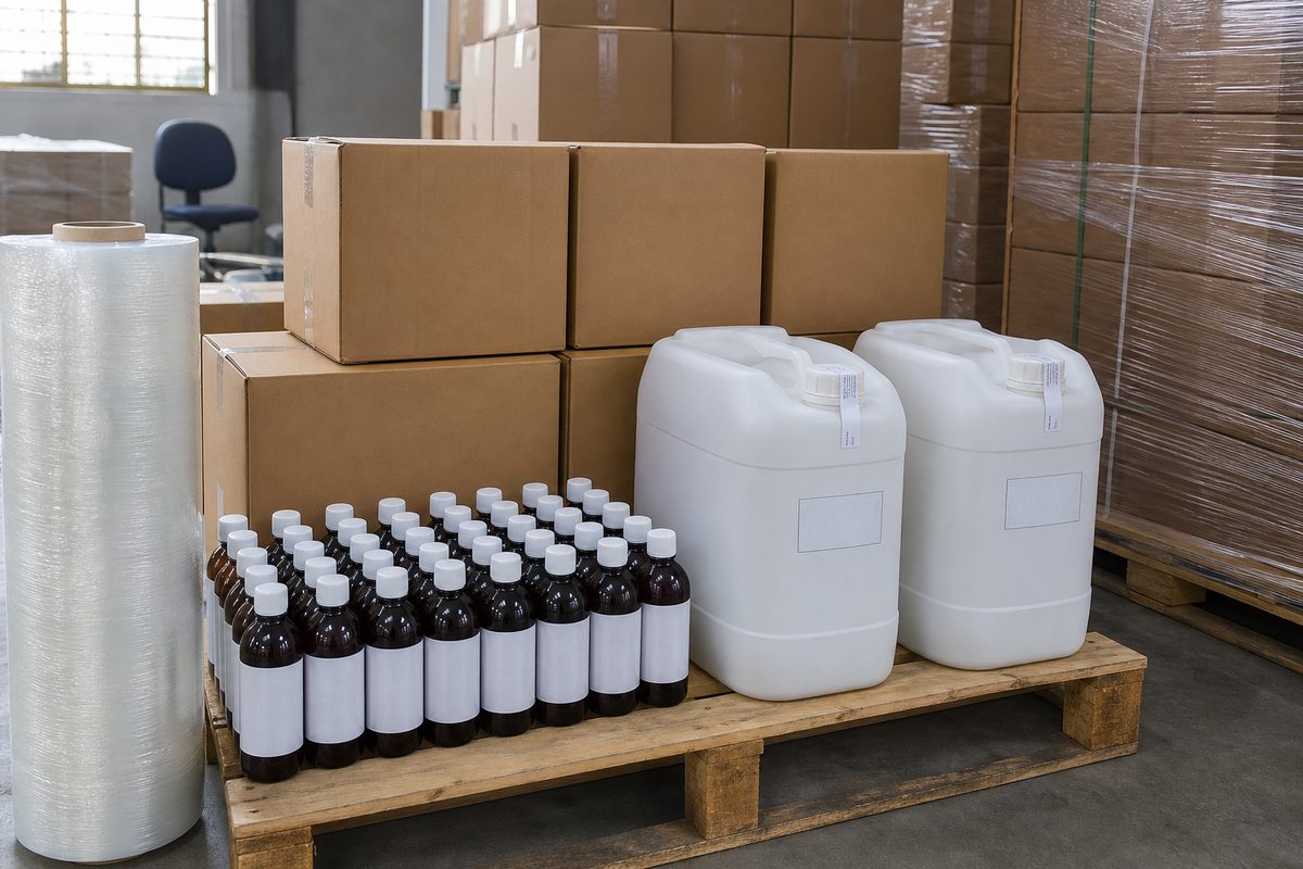 Amber PET and amber glass hair-oil bottles with tamper-evident caps, unit cartons and 25 L HDPE jerricans staged on an export pallet