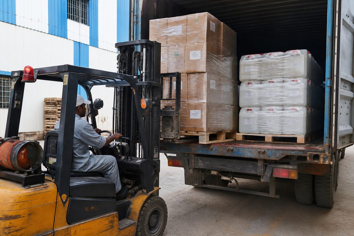 Forklift loading palletized Ayurvedic hair oil bottle cartons and HDPE jerricans onto a truck for Mundra, Nhava Sheva, Chennai or Cochin haul