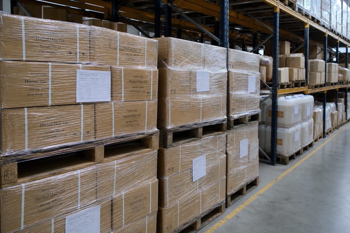 Stretch-wrapped pallets of Indian Ayurvedic hair oil bottle cartons and HDPE jerricans on dry export warehouse racks
