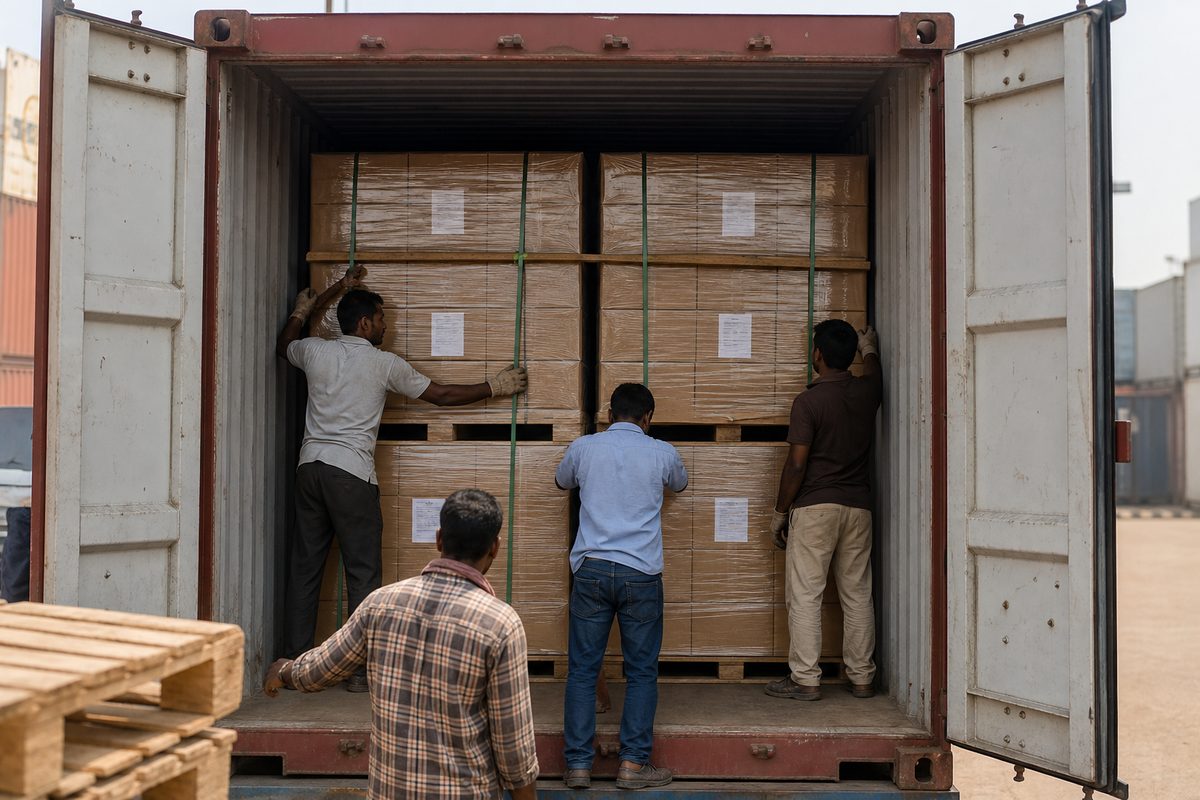 Workers stuffing palletized Indian Ayurvedic herbal soap master cartons into a 20-foot export shipping container