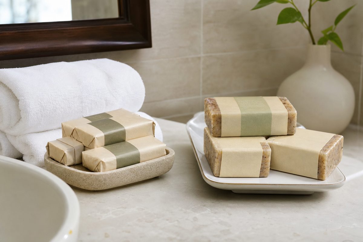 Retail wrapped Ayurvedic herbal bath soap and hotel amenity mini soap bars on a clean bathroom vanity