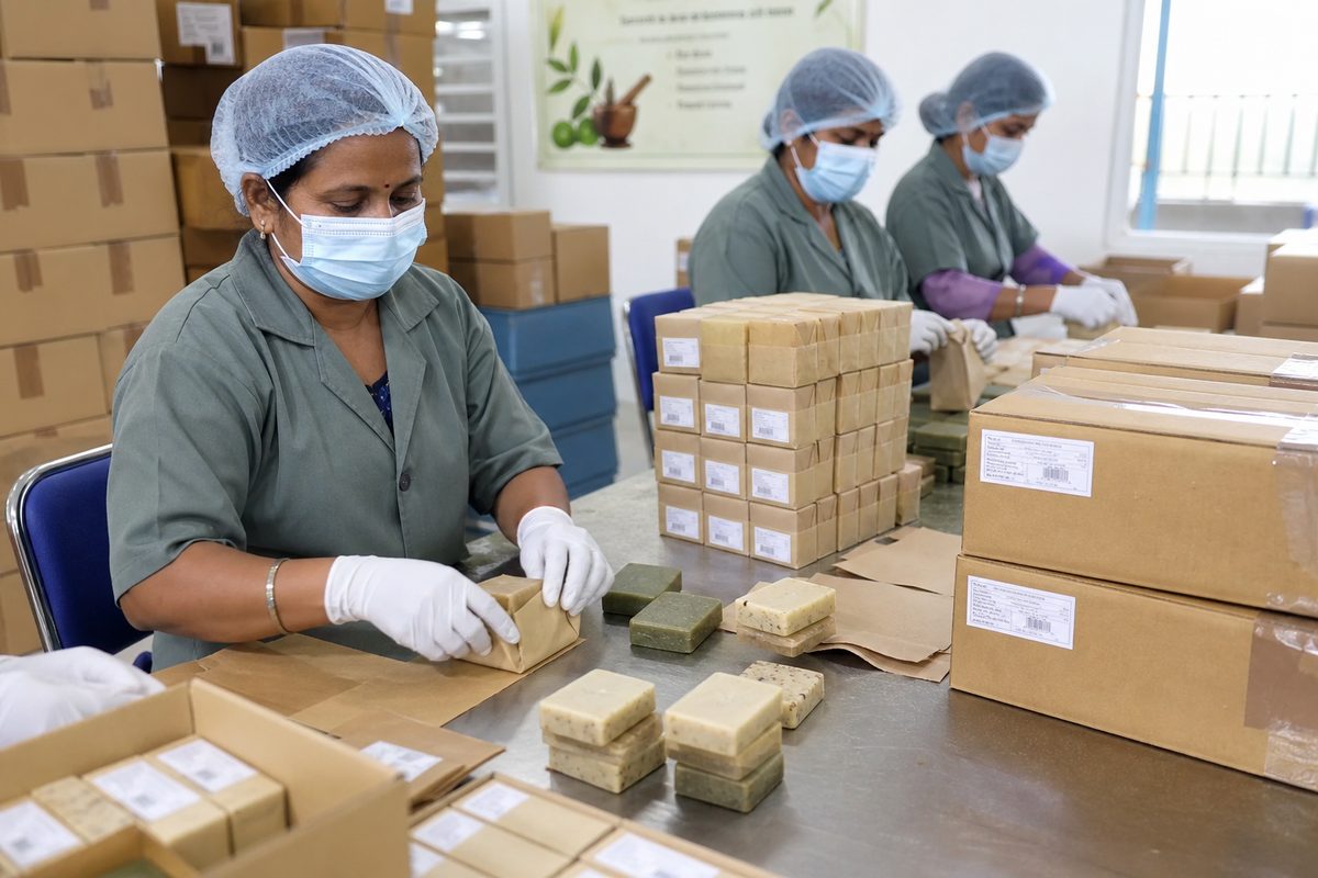 Workers wrapping Ayurvedic herbal soap bars and packing them into brown master export cartons on an Indian packaging line