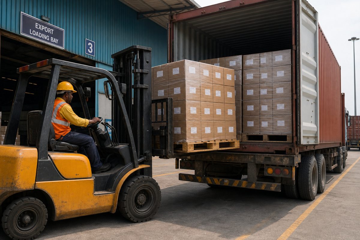 Forklift loading palletized Ayurvedic herbal soap cartons onto a truck for Nhava Sheva or Mundra export haul