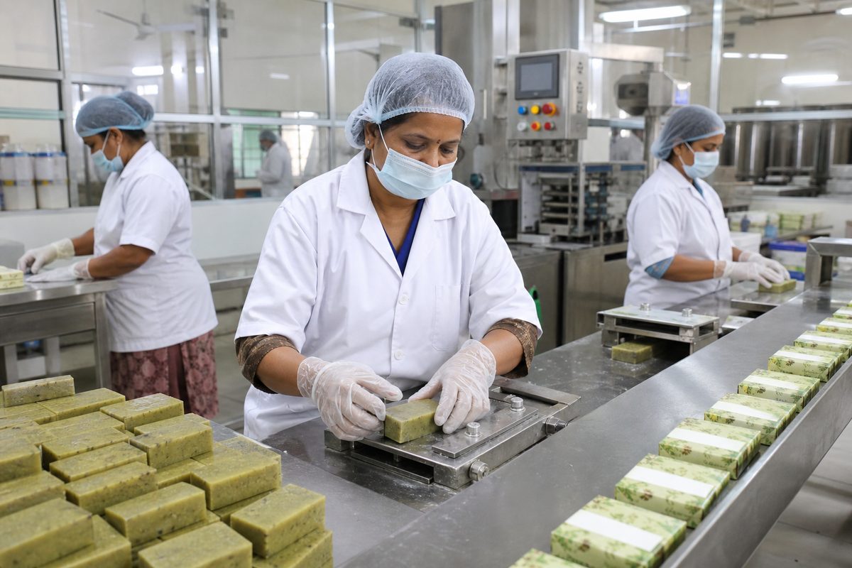 Operators stamping and wrapping finished Ayurvedic herbal soap bars on a hygienic Indian soap finishing production line