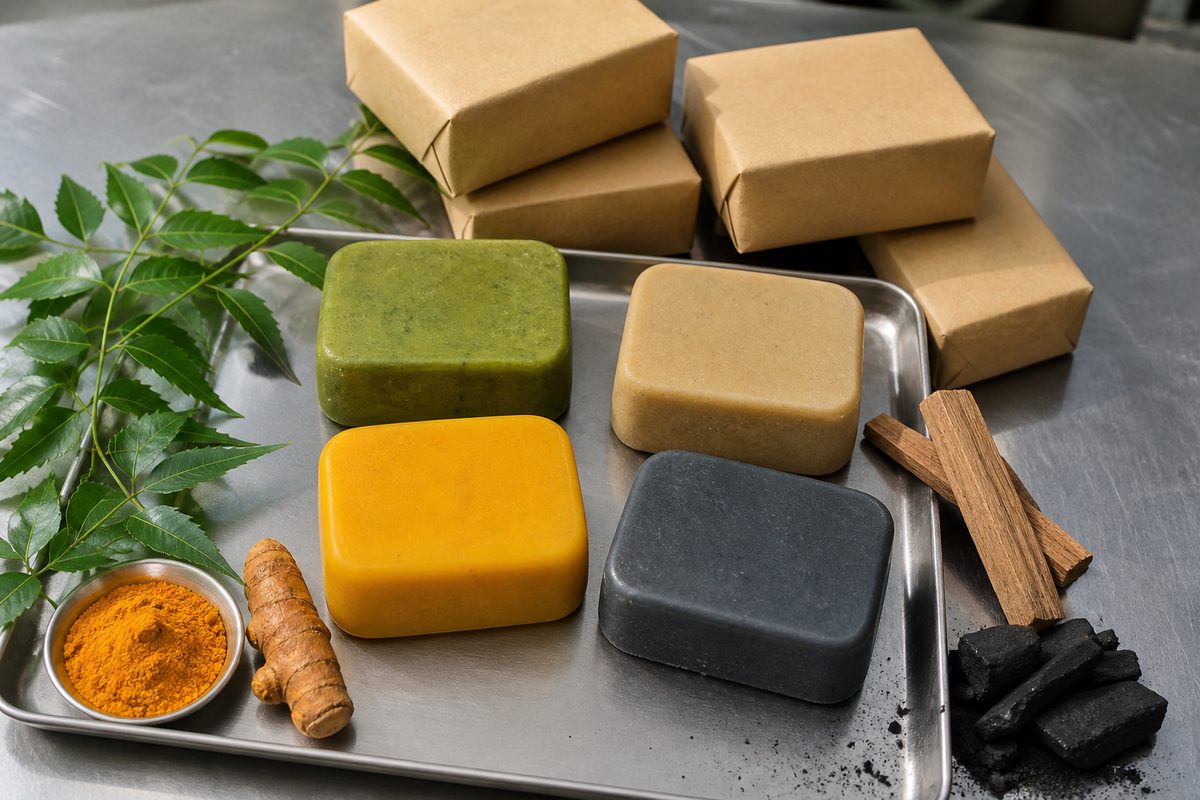 Neem, turmeric, sandalwood and charcoal Indian Ayurvedic herbal soap bars on an export inspection tray with kraft sample wrappers