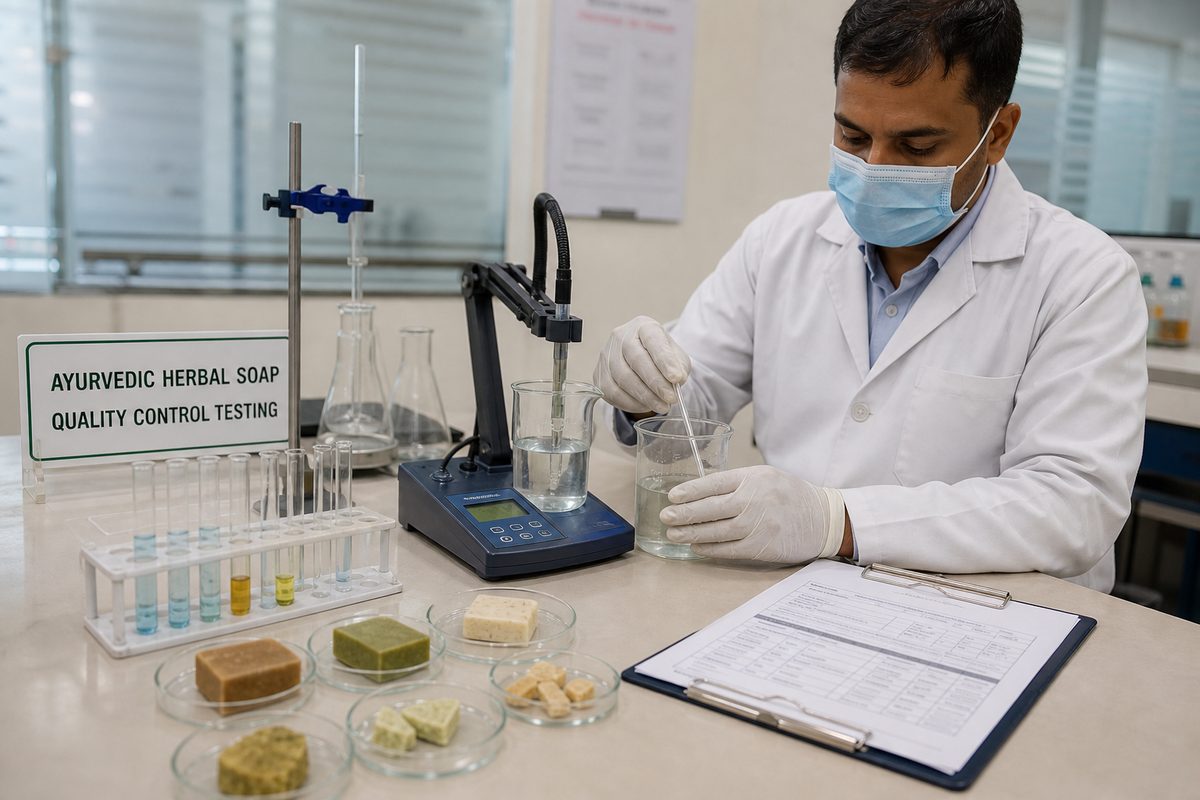 Lab technician testing Indian Ayurvedic herbal soap samples for TFM, free alkali, moisture and pH before export COA release