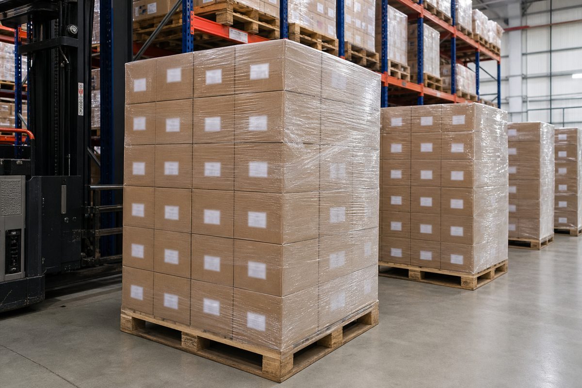 Stretch-wrapped pallets of Indian Ayurvedic herbal soap export cartons staged on dry warehouse racks