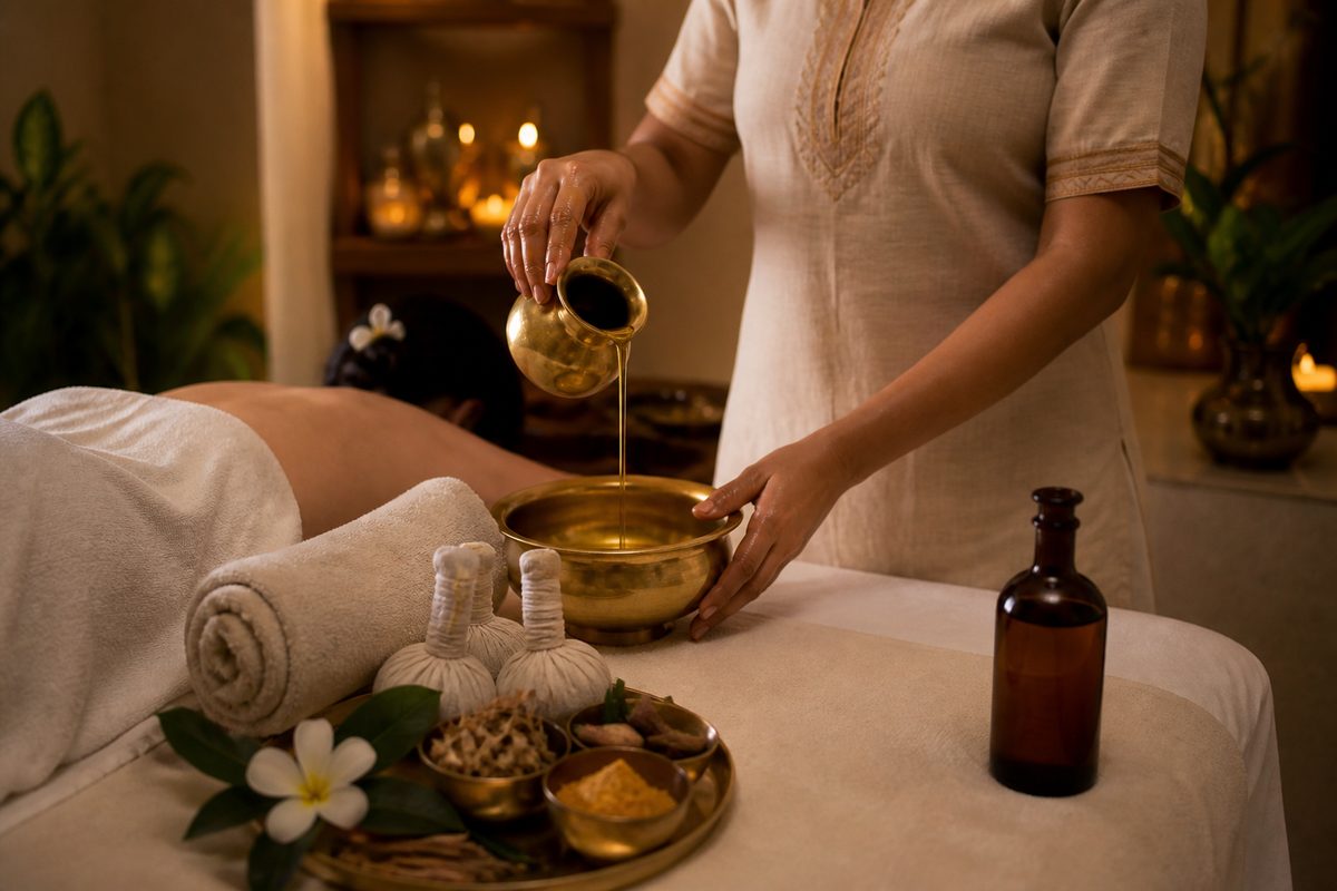 Spa therapist preparing warm sesame Abhyanga massage oil in a brass bowl for Ayurvedic wellness treatment