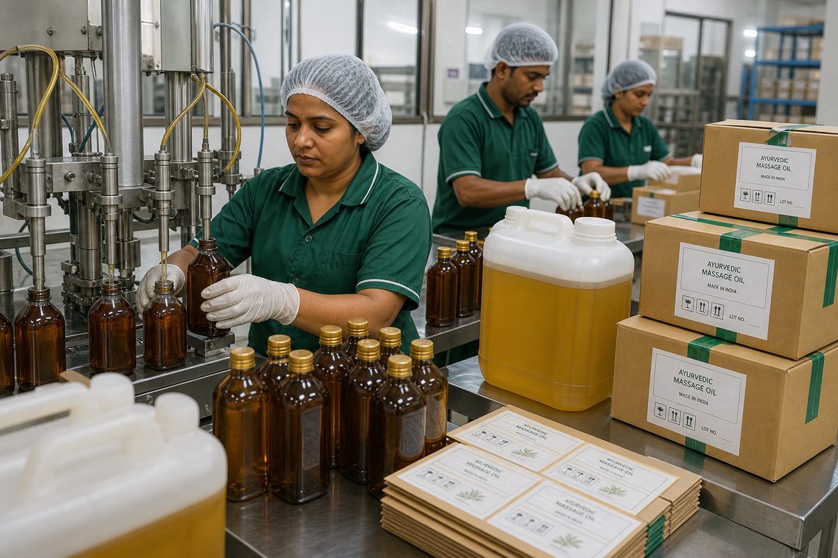 Workers filling amber PET bottles and sealing HDPE drums of Indian Ayurvedic massage oil on an export packaging line