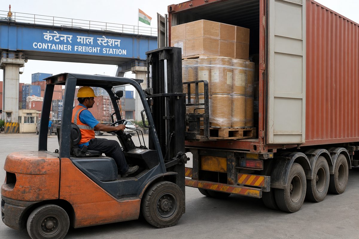 Forklift loading palletized Ayurvedic massage oil drums onto an export truck for Mundra or Nhava Sheva port haul